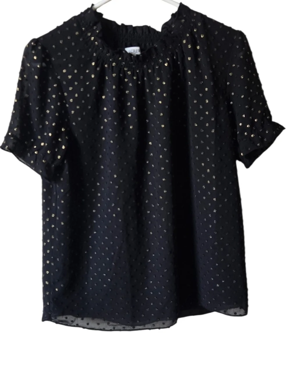 J.Crew Black Gold Metallic Clip Dot Smocked Neck Puff Sleeve Blouse Top Small#47
